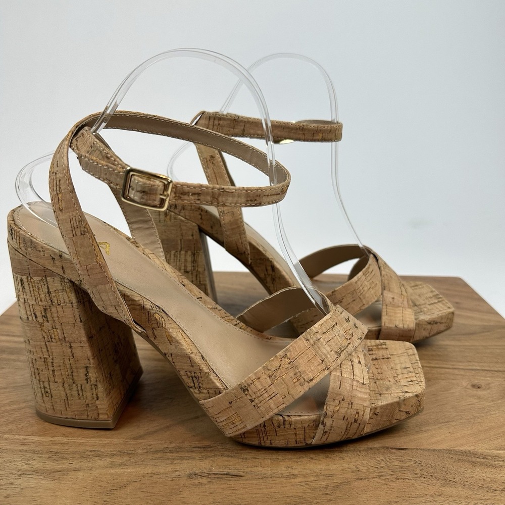 Womens Mia Eloise Tan Cork Platform Ankle Strap Block Heels Sandals Size 10 M